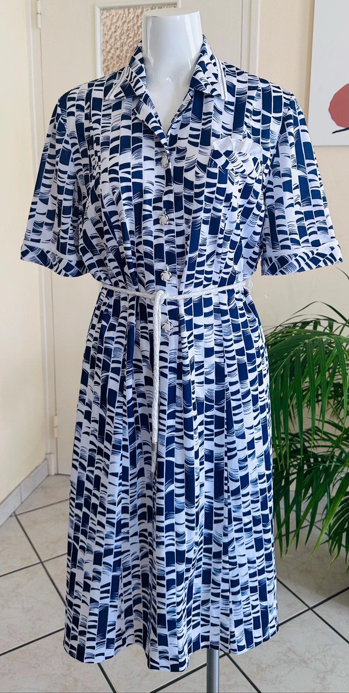 Vintage gebreide jurk marineblauw en wit maat 48/50 – Perfecte staat – photo 3